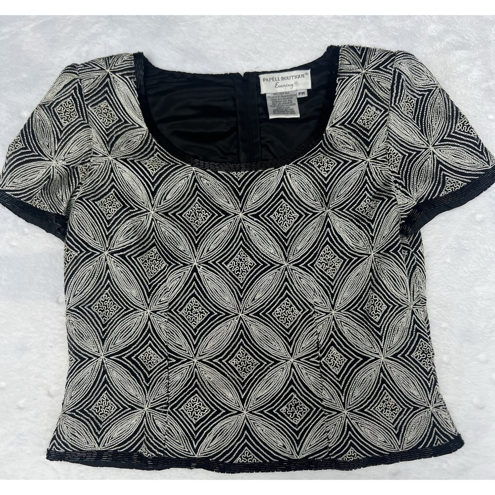 Papell Boutique Evening Black and White‎ PM Petite Medium EUC
